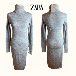NWT ZARA Women MIDI Turtleneck Knit Pullover Dress in Heather Grey